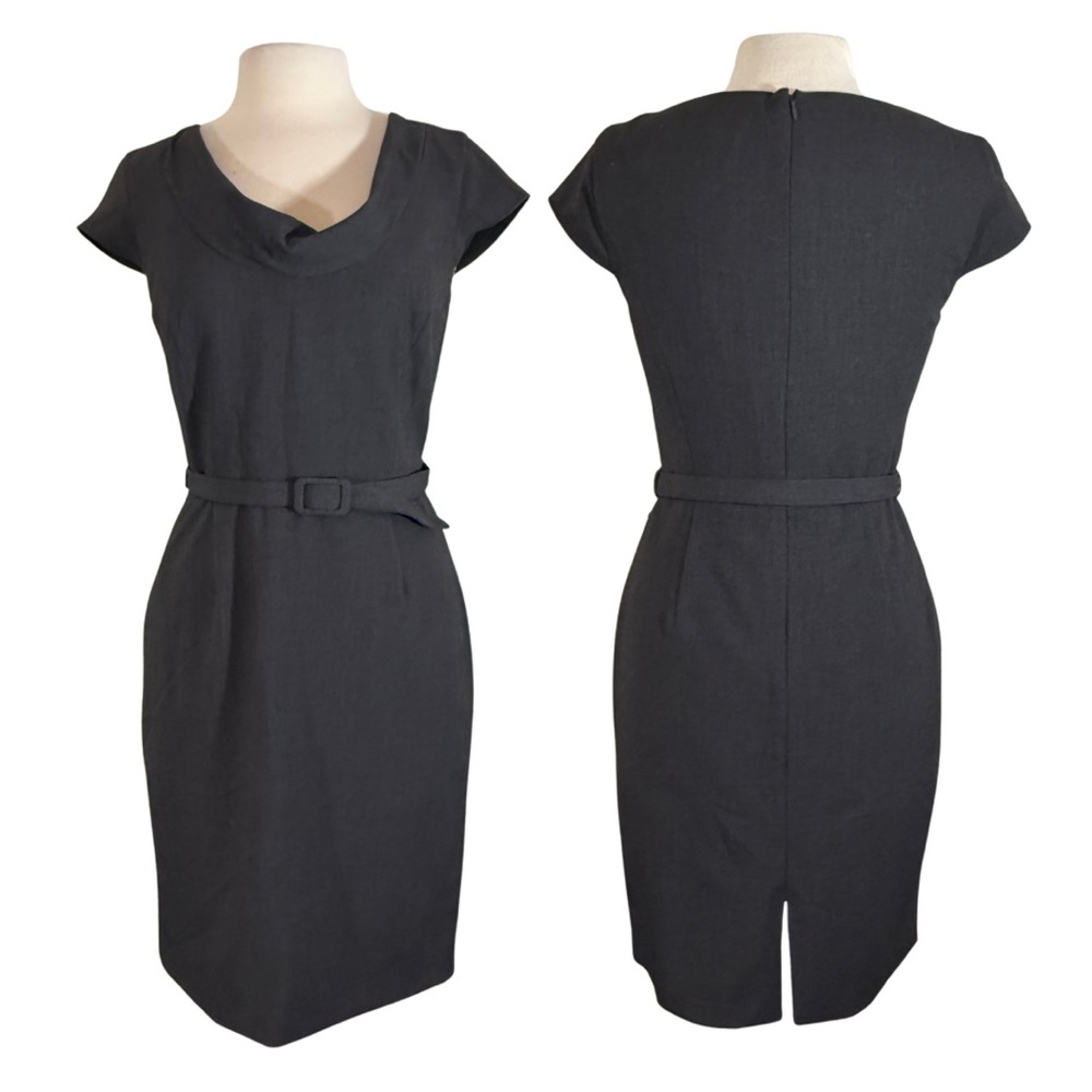 Calvin Klein Sz 6 Cap Sleeve Dress Charcoal Belted Cowl Scoop Neck Sheath Pencil